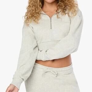 NWT WeWoreWhat Cropped Half Zip Fleece Cotton Hoodie Long Sleeve S Heather Grey